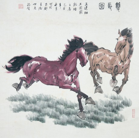 陈世光  双马立轴	68*68cm