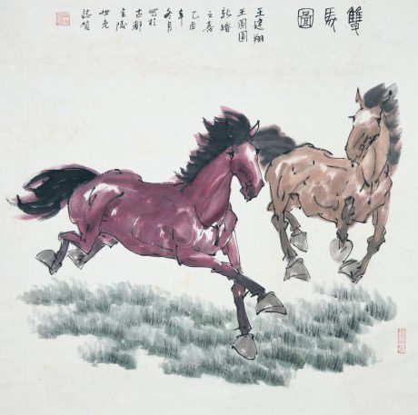 陈世光  双马立轴	68*68cm