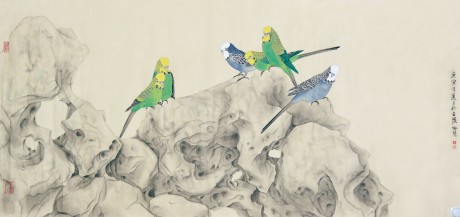 喻慧  花鸟镜片 131*65cm