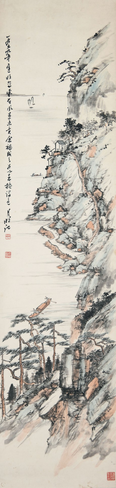 朱月湖  山水镜片	139×34CM
