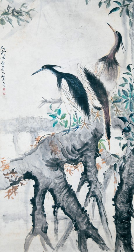 方人定  花鸟立轴 180×90CM